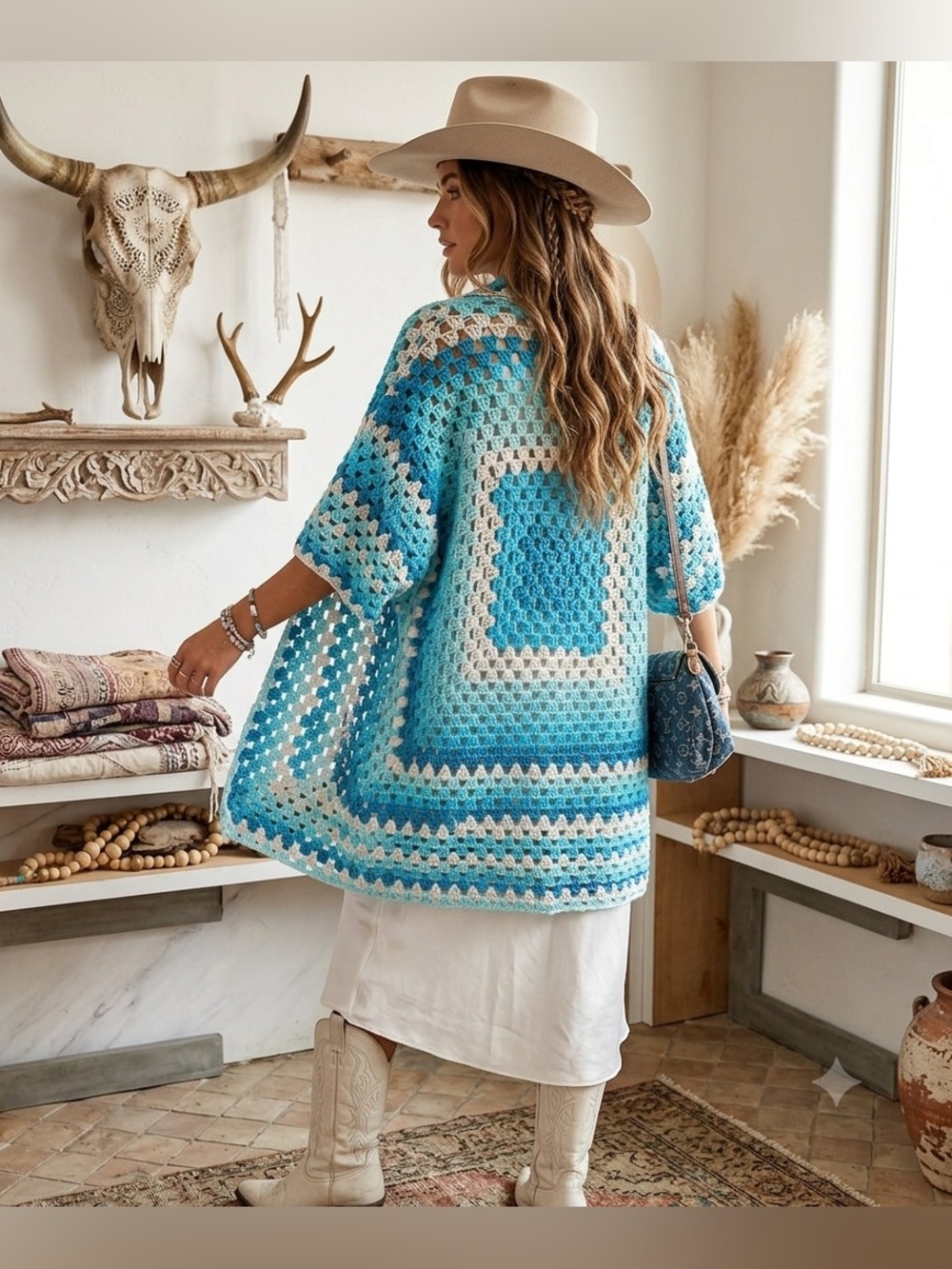 Hand-Crocheted Open Front Cardigan Sweater - Turquoise & Cream - Picture 9 of 10